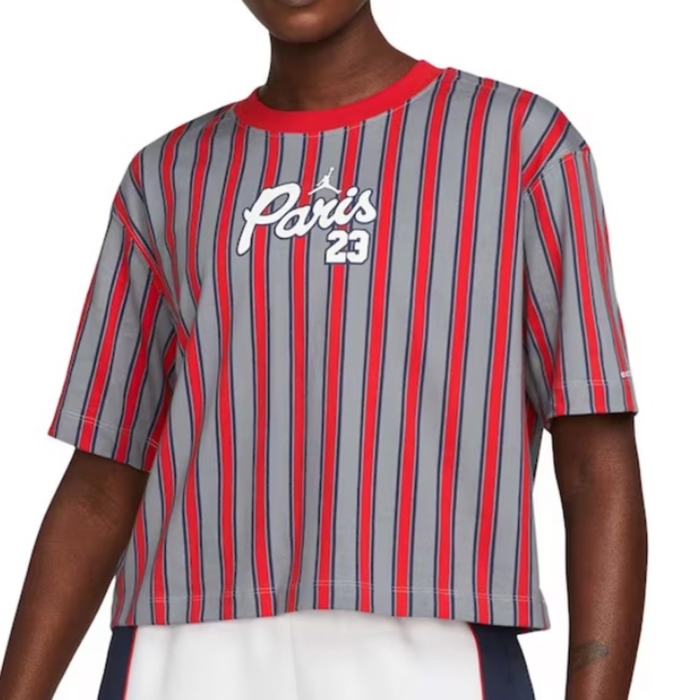 Air Jordan x Paris Saint-Germain. Striped, sporty, cropped Shirt. PSG Red grey.